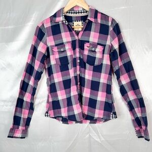 Hollister Women’s Plaid Button Down Shirt – Pink & Navy – Size Medium